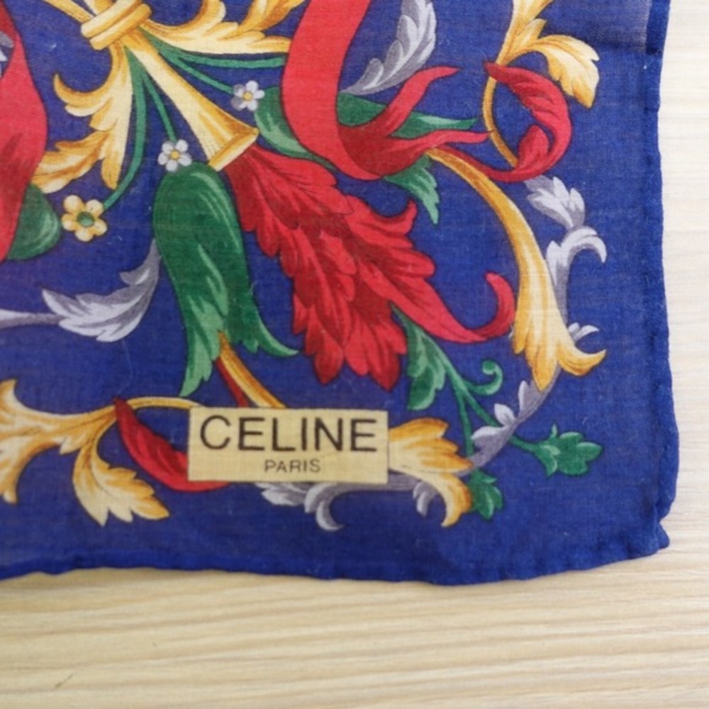 Vintage CELINE Paris Handkerchief Blue Gold‎ Medallion Arabesque AUTH Luxe 17x18 - Picture 3 of 12